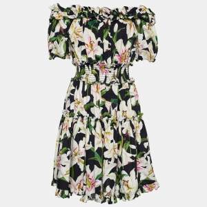 Pre Owned Dolce & Gabbana Black Lily Print Cotton Off-Shoulder Dress L