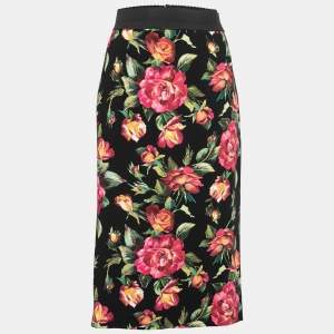 Pre Owned Dolce & Gabbana Black Rose Printed Crepe Midi Skirt L