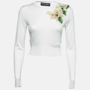 Pre Owned Dolce & Gabbana Cream Knit Floral Appliqué Long Sleeve Sweater S