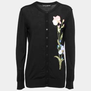 Pre Owned Dolce & Gabbana Black Wool Floral Embroidered and Embellished Button Front Cardigan M