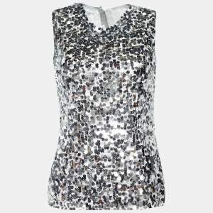 Pre Owned Dolce & Gabbana Silver Sequined Mesh Sleeveless Top  S