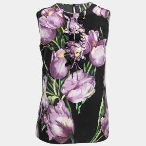 Pre Owned Dolce & Gabbana Black & Purple Tulip Printed Silk Sleeveless Top S
