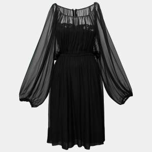 Pre Owned Dolce & Gabbana Black Sheer Silk Ruched Waist Dress M