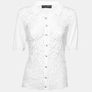 Pre Owned Dolce & Gabbana White Knit & Lace Paneled Button Front Cardigan L