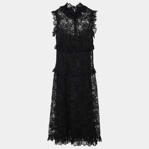 Pre Owned فستان ميدي دولتشي أند غابانا دانتيل لوريكس أسود مكشكش مقاس متوسط (ميديوم) 