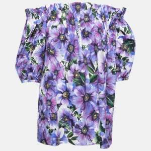 Pre Owned Dolce & Gabbana Purple Floral Print Cotton Off-Shoulder Blouse M