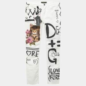 Pre Owned Dolce & Gabbana White Graffiti Print Denim Girly Fit Jeans S Waist 29"