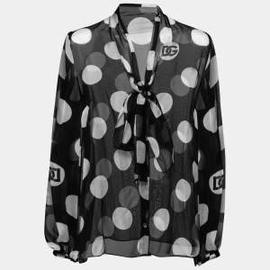 Pre Owned Dolce & Gabbana Black Polka Dot Silk Tie-Neck Blouse L
