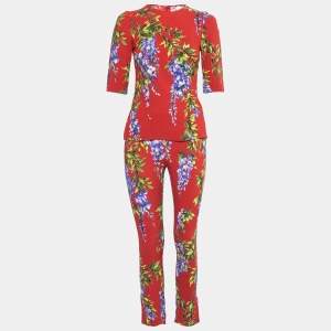 Pre Owned Dolce & Gabbana Red Floral Printed Crepe Top & Slim Fit Pant Set S