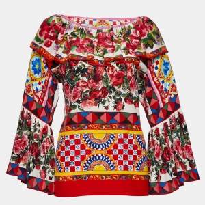 Pre Owned Dolce & Gabbana Multicolor Mambo Print Silk Ruffled Blouse S