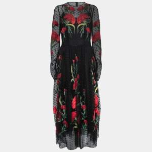 Pre Owned Dolce & Gabbana Black Floral-Embroidered Swiss-Dot Tulle Dress M   