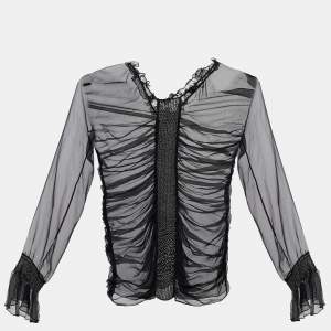 Pre Owned Dolce & Gabbana Black Silk Ruched Sheer Blouse M