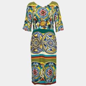 Pre Owned Dolce & Gabbana Multicolor Printed Crepe Midi Dress M