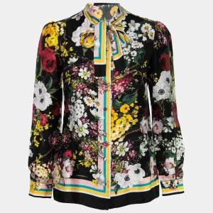 Pre Owned Dolce & Gabbana Black Floral Bouquet Print Silk Tie-Neck Blouse M