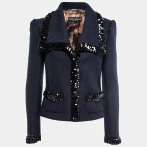 Pre Owned Dolce & Gabbana Navy Blue Wool Sequin-Trim Jacket M 