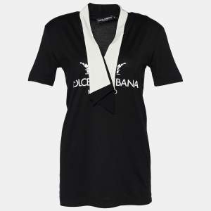 Pre Owned Dolce & Gabbana Black Logo Printed Cotton Neck Tie Detail Oversized T-Shirt XS