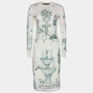 Pre Owned Dolce & Gabbana Ivory Bird Cage Print Silk Knit & Crepe Skirt And Top Set S/M