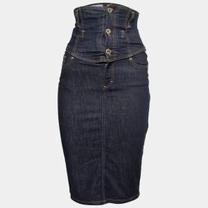 D&G Navy Blue Denim High Waist Detail Midi Skirt S