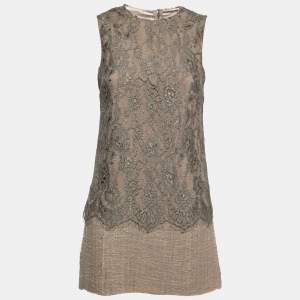 Pre Owned Dolce & Gabbana Beige Tweed & Lace Overlay Sleeveless Shift Dress S