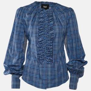 D&G Blue Checkered Cotton Ruffle Neck Shirt M