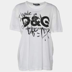 Pre Owned Dolce & Gabbana White Beautiful Life Print Cotton Short Sleeve T-Shirt M