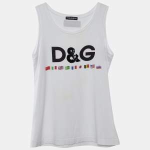 Pre Owned Dolce & Gabbana White Flag Logo Printed Cotton Knit Tank Top M