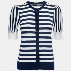 Pre Owned Dolce & Gabbana Navy Blue & White Striped Cashmere Button Front Cardigan M