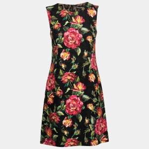 Pre Owned Dolce & Gabbana Black Floral Printed Jacquard Sleeveless Sheath Dress S