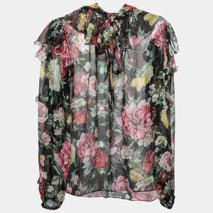 Pre Owned Dolce & Gabbana Black Floral Printed Silk Ruffled Tie-Neck Blouse M