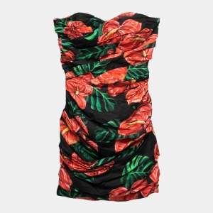 Dolce & Gabbana Black Floral Printed Cotton Rucheh Strapless Dress XS