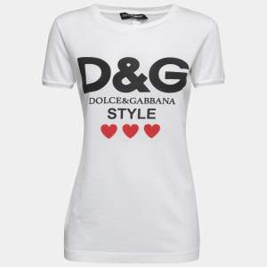Pre Owned Dolce & Gabbana White Cotton Logo & Heart Print T-Shirt S