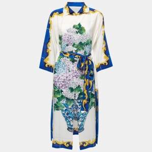 Pre Owned Dolce & Gabbana White Bouquet Printed Silk Button Down Belted Dress M