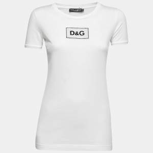 Pre Owned Dolce & Gabbana White Cotton Sequined Logo Patch T-Shirt XS