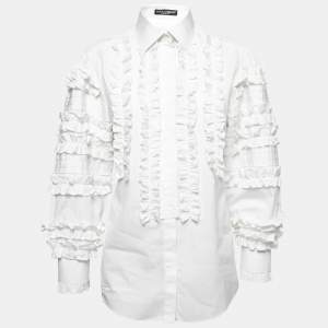 Pre Owned Dolce & Gabbana White Cotton Poplin Ruffled Button-Front Shirt S
