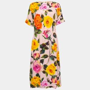 Pre Owned Dolce & Gabbana Pink Rose Printed Crepe Midi Dress L