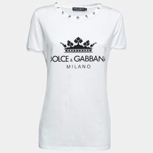 Pre Owned Dolce & Gabbana White Cotton Logo Print Rhinestone T-Shirt M