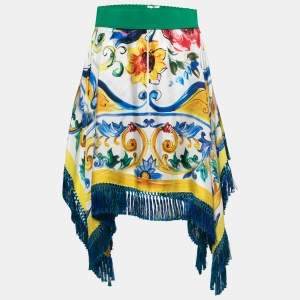 Pre Owned Dolce & Gabbana Multicolor Majolica Printed Silk Tassel Trim Asymmetric Skirt M