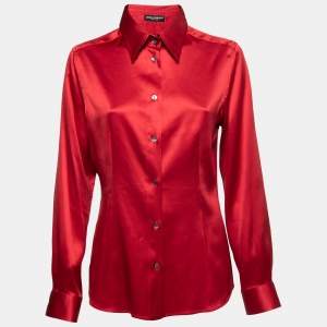 Pre Owned Dolce & Gabbana Red Stretch Silk Satin Button Front Shirt L