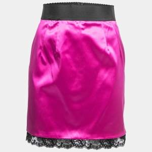 Pre Owned Dolce & Gabbana Magenta Pink Stretch Satin Lace Trim Mini Skirt S