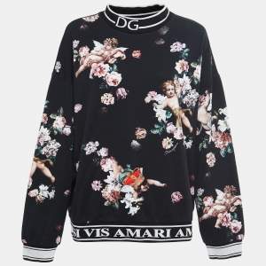 Pre Owned Dolce & Gabbana Black Jersey Floral And Angel Print Long Sleeve Sweatshirt M