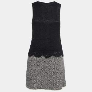 Pre Owned Dolce & Gabbana Black Tweed & Lace Overlay Sleeveless Shift Dress S