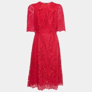 Pre Owned Dolce & Gabbana Red Lace Midi Dress M