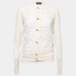 Pre Owned Dolce & Gabbana Cream Lace & Knit Rose-Button Cardigan & Top Set M
