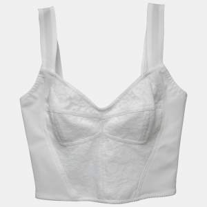 Pre Owned Dolce & Gabbana White Lace & Mesh Bustier Cropped Top M