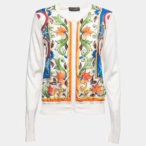 Pre Owned Dolce & Gabbana Off White Majolica Print Silk Button Front Cardigan M