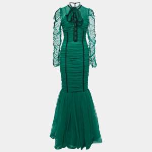 Pre Owned Dolce & Gabbana Green Ruched Tulle Lace Trimmed Gown M