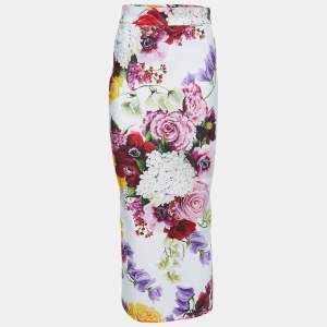 Pre Owned Dolce & Gabbana White Floral Printed Jersey Pencil Midi Skirt S