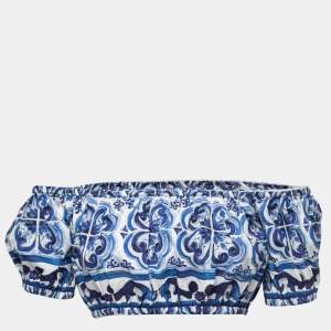 Dolce & Gabbana Blue Majolica Print Cotton Off-Shoulder Cropped Top S