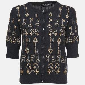 Pre Owned Dolce & Gabbana Grey Cashmere Embroidered Keys Buttoned Cardigan S