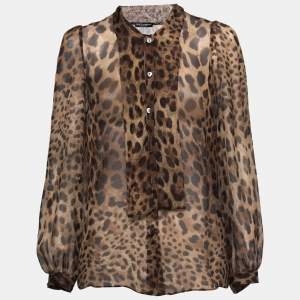 Pre Owned Dolce & Gabbana Brown Animal Printed Silk Tie-Neck Blouse S